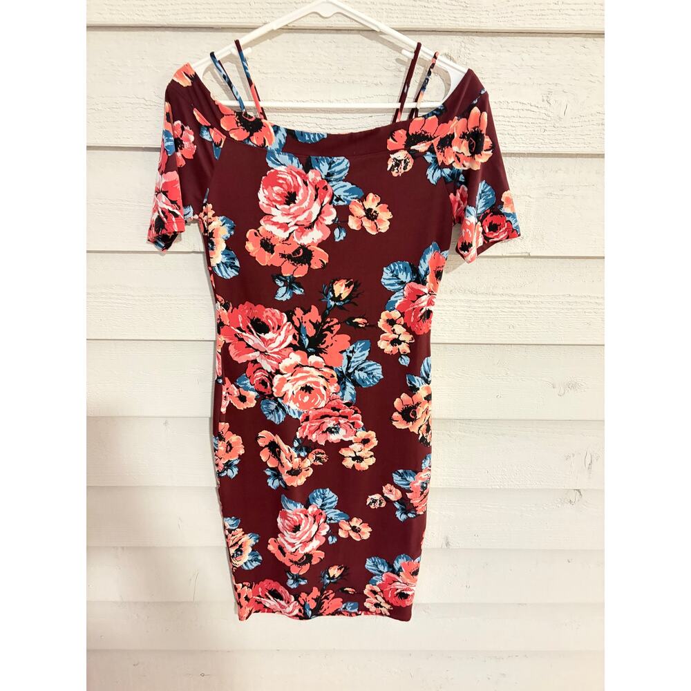 Floral Bodycon Dress | Off Shoulder Strappy | Size M | Burgundy Pink Blue - Picture 7 of 7